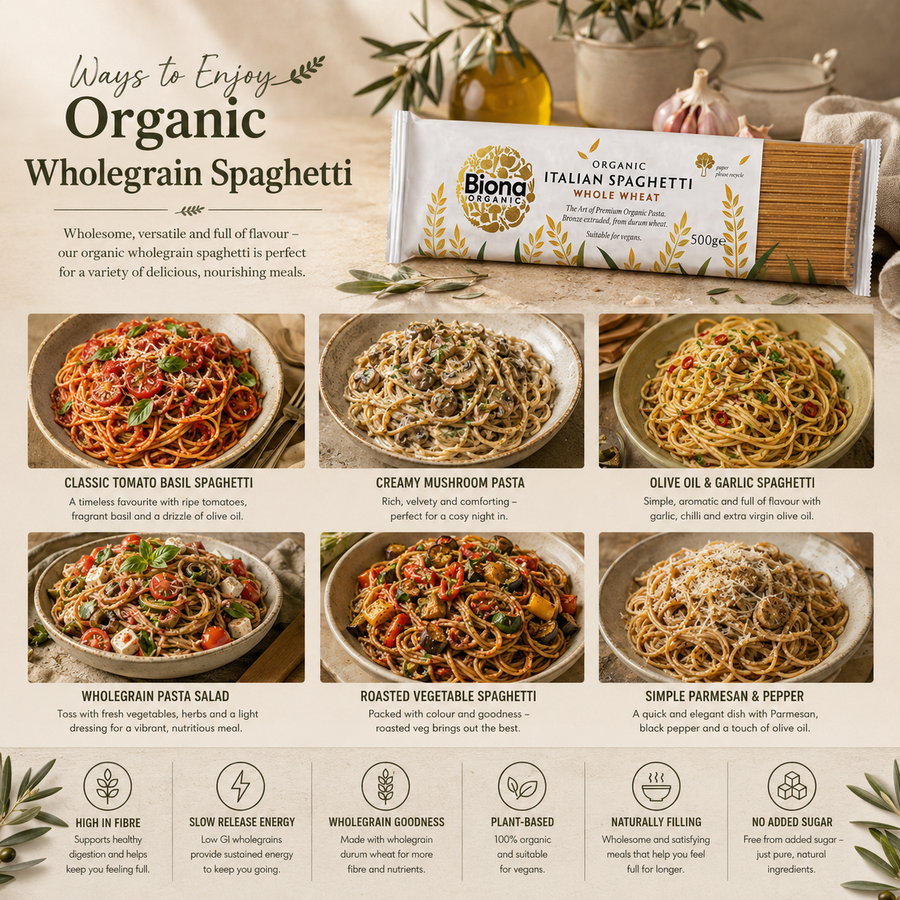Promotional image for Biona Organic Italian Spaghetti with various pasta dishes and product packaging.