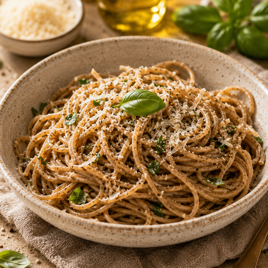 Spaghetti dish with herbs and parmesan cheese in a rustic bowl.