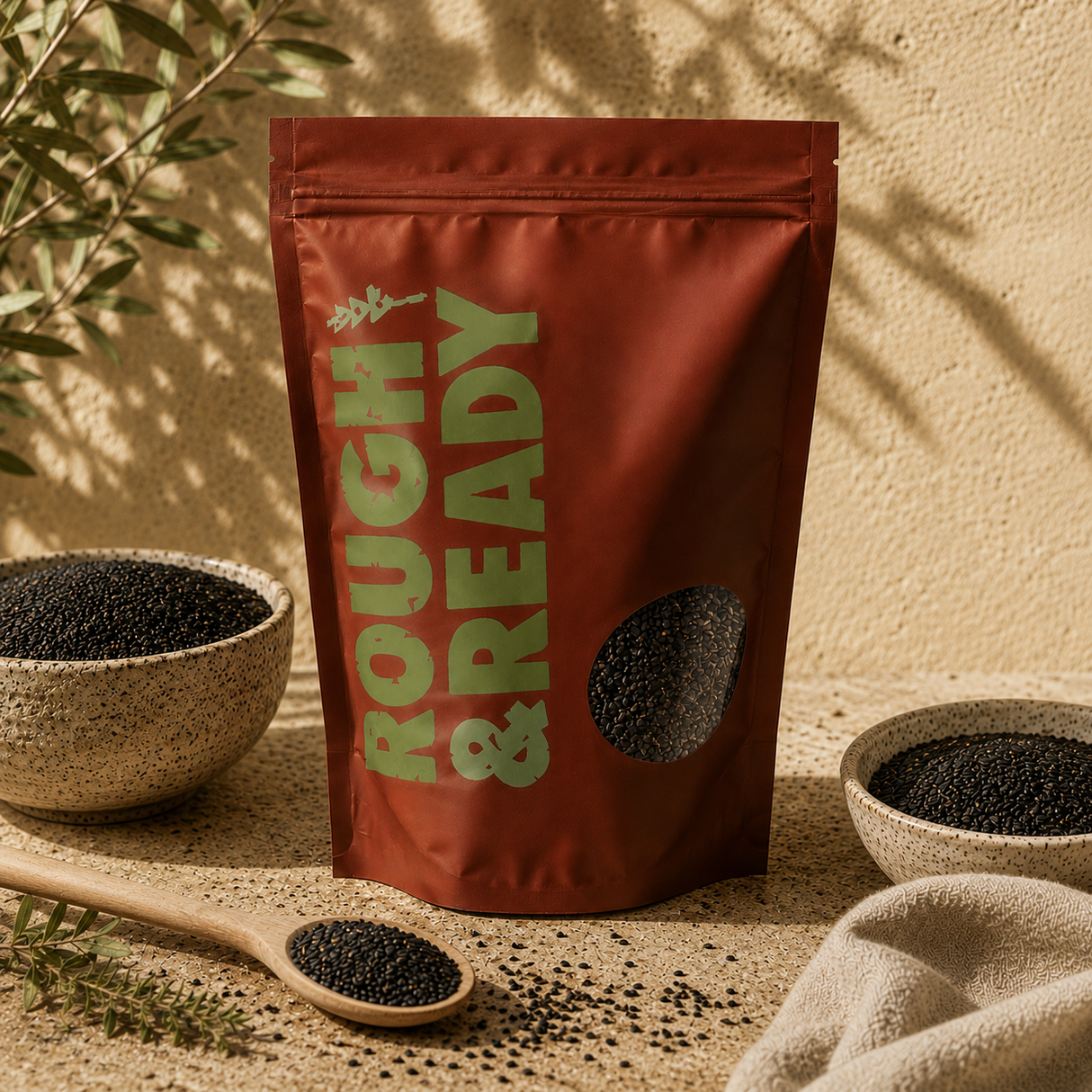 Red bag labeled 'Rough & Ready' with black seeds on a beige surface.