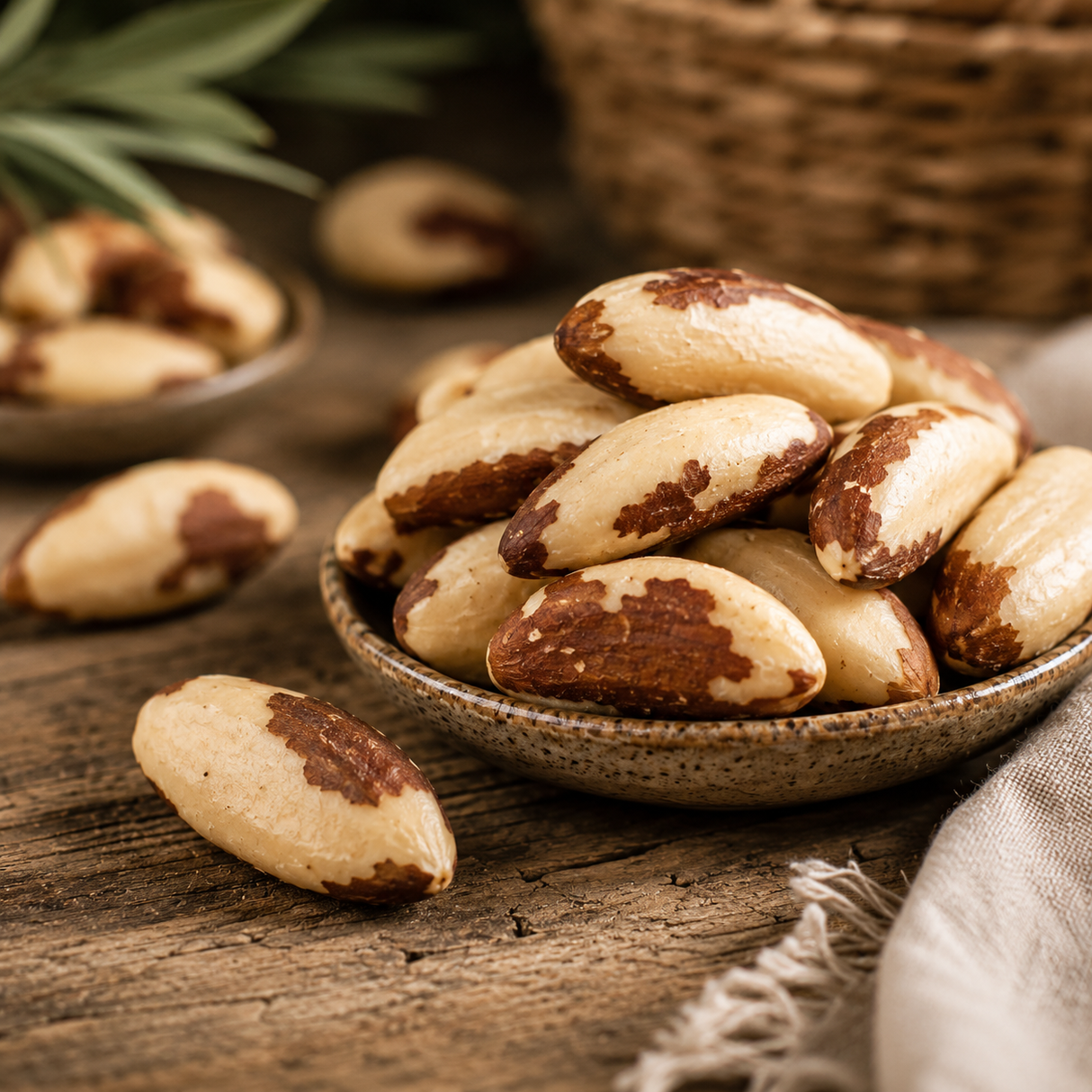 Brazil nuts in a bowl on a wooden surface with a blurred background