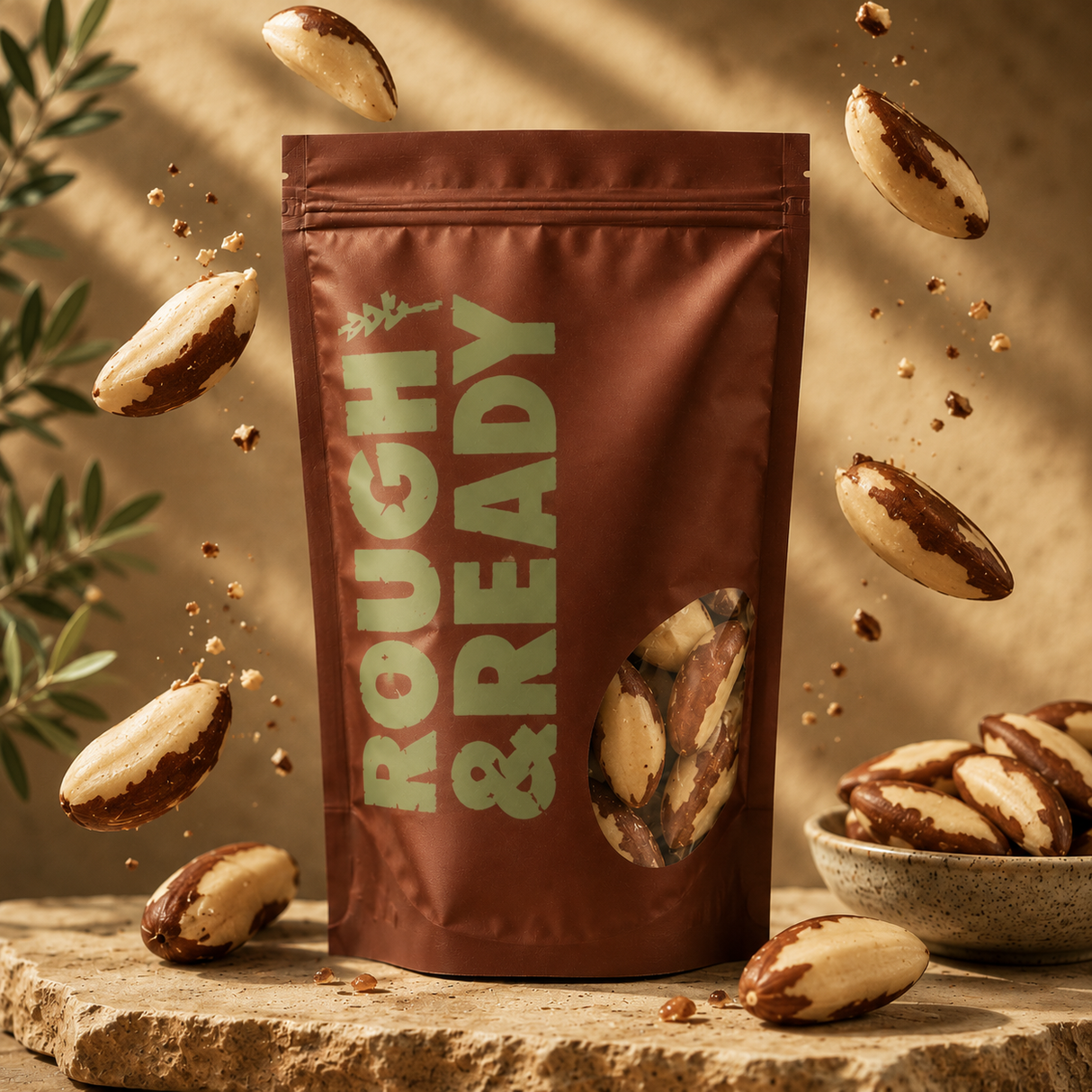 Brown package labeled 'Rough & Ready' with almonds around on a wooden surface.