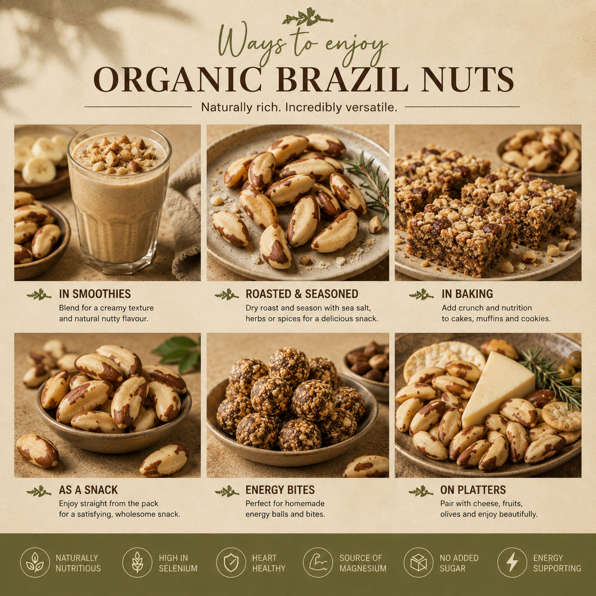 Infographic on ways to enjoy organic Brazil nuts with images and text.