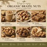 Infographic on ways to enjoy organic Brazil nuts with images and text.