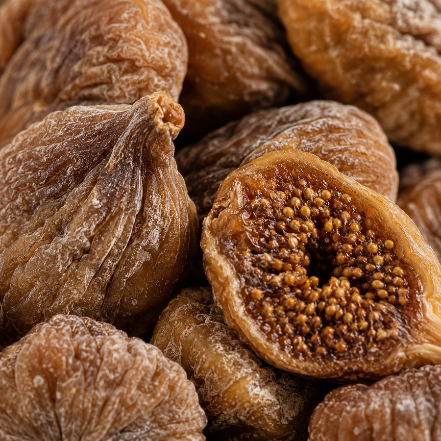 Close-up of dried figs with a focus on texture and color.