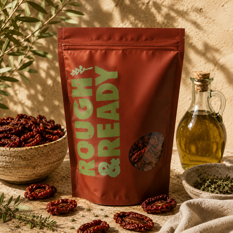 Red package labeled 'Rough & Ready' with sun-dried tomatoes and olive oil on a rustic background
