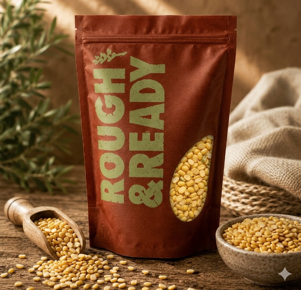 Bag of yellow seeds labeled 'Rough & Ready' on a wooden surface with seeds scattered around.