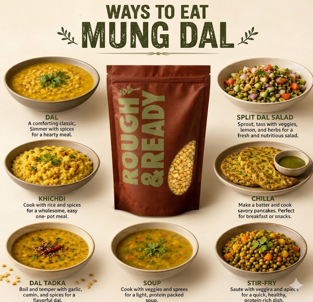 Infographic on various ways to eat mung dal with images and descriptions.