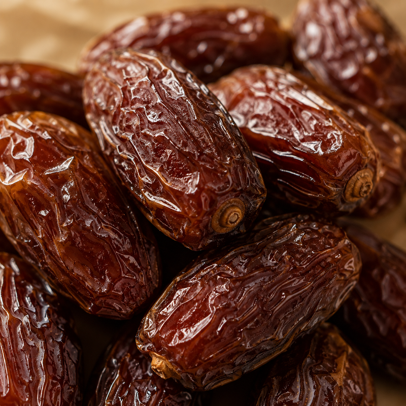 Close-up of dried dates with a soft focus background
