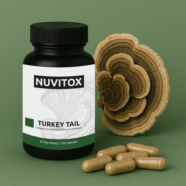 A bottle of NUVITOX Turkey Tail capsules next to several capsules outside the bottle, with a dried Turkey Tail mushroom displayed in the background.