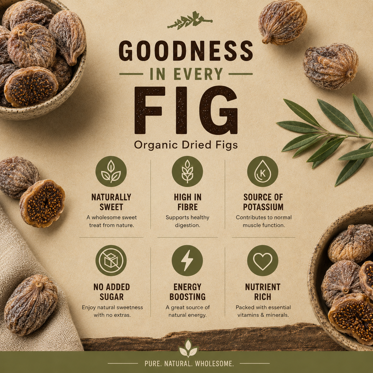 Advertisement for organic dried figs with text highlighting benefits on a beige background.