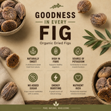Advertisement for organic dried figs with text highlighting benefits on a beige background.