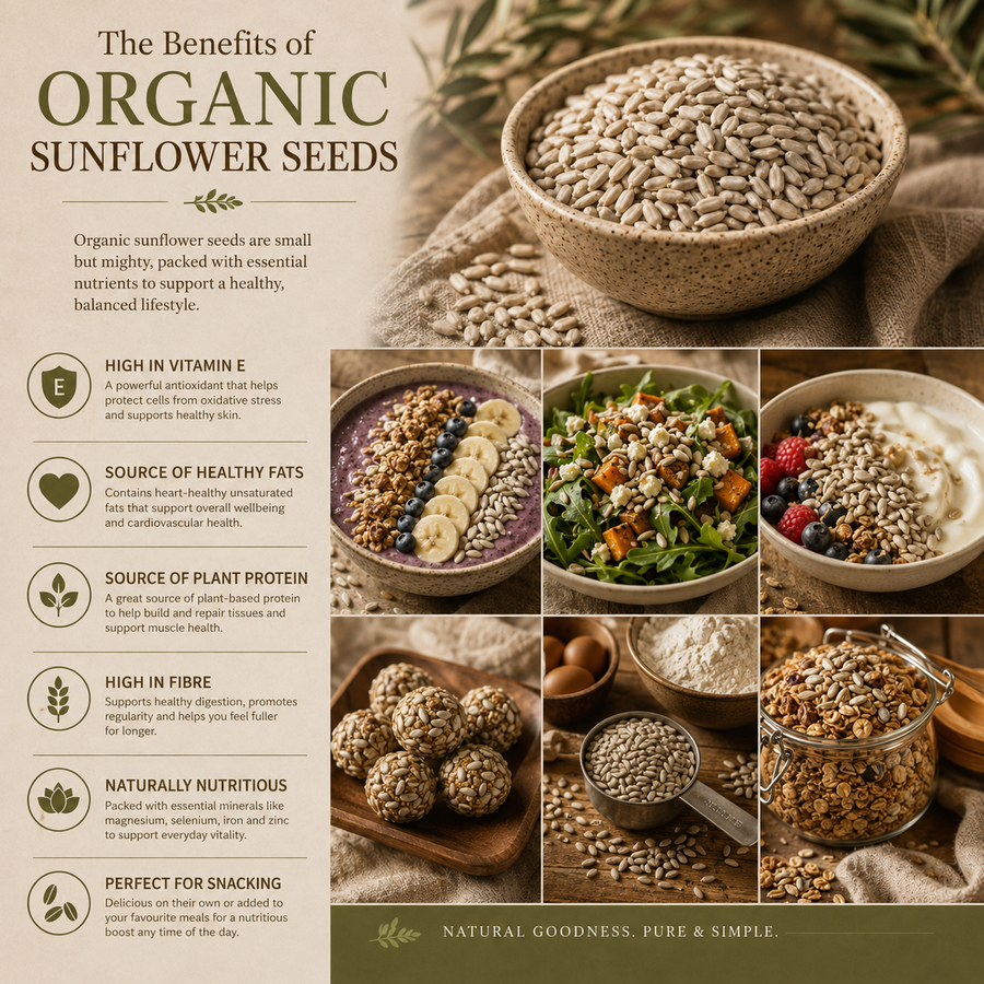 Promotional image about the benefits of organic sunflower seeds with text and images of seeds and dishes.