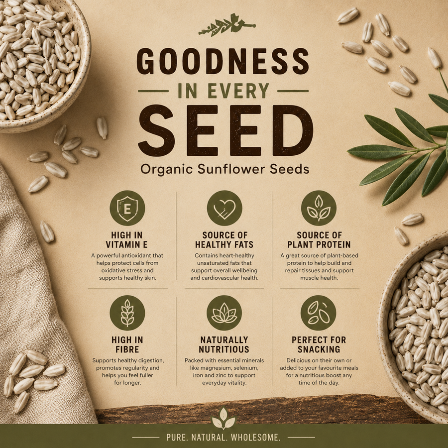 Advertisement for organic sunflower seeds with health benefits and branding.