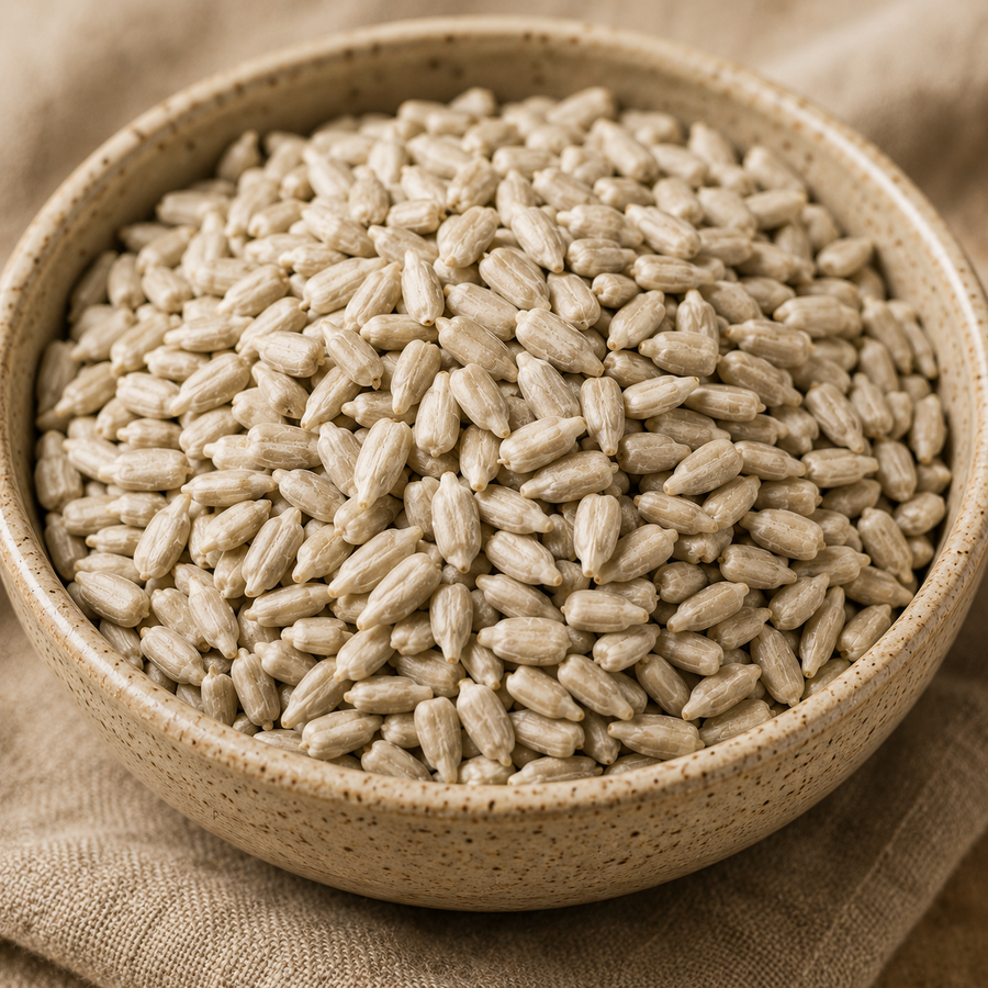 Bowl of sunflower seeds on a textured fabric background