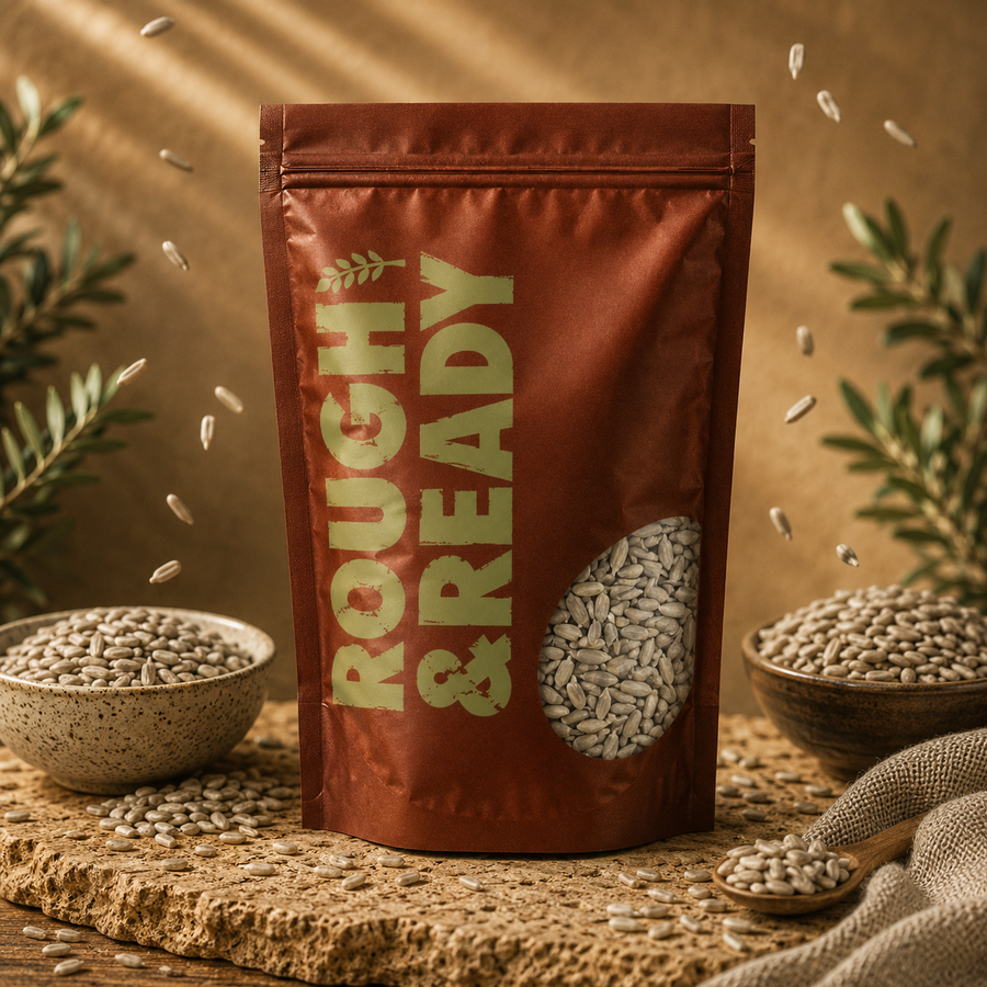 Brown package labeled 'Rough & Ready' with seeds around on a wooden surface