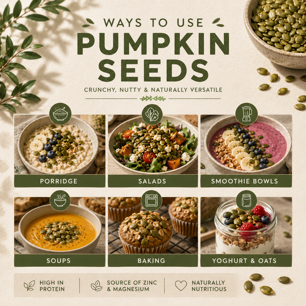 Infographic on ways to use pumpkin seeds with images and text.