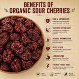 Infographic on the benefits of organic sour cherries with a bowl of cherries on a beige background.