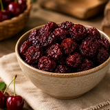 Bowl of dried cherries on a wooden surface with a cloth underneath