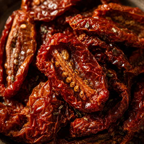 Close-up of dried tomatoes with a dark background