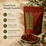 Rough & Ready snack package with benefits text on a rustic background