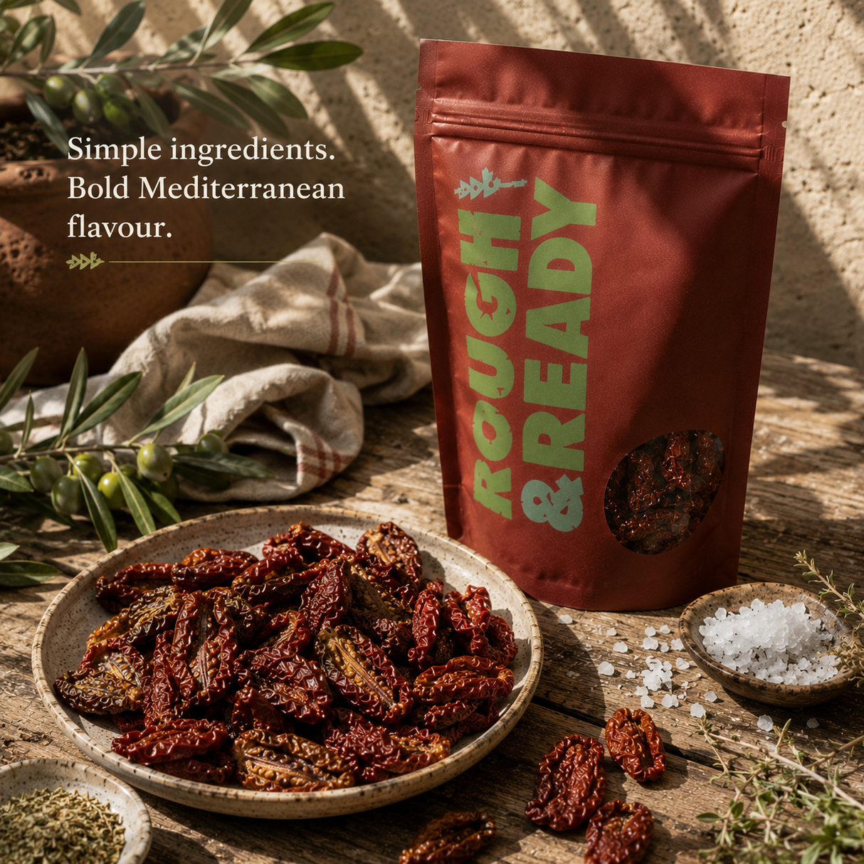 Dried herbs on a plate with a 'Rough & Ready' package in the background