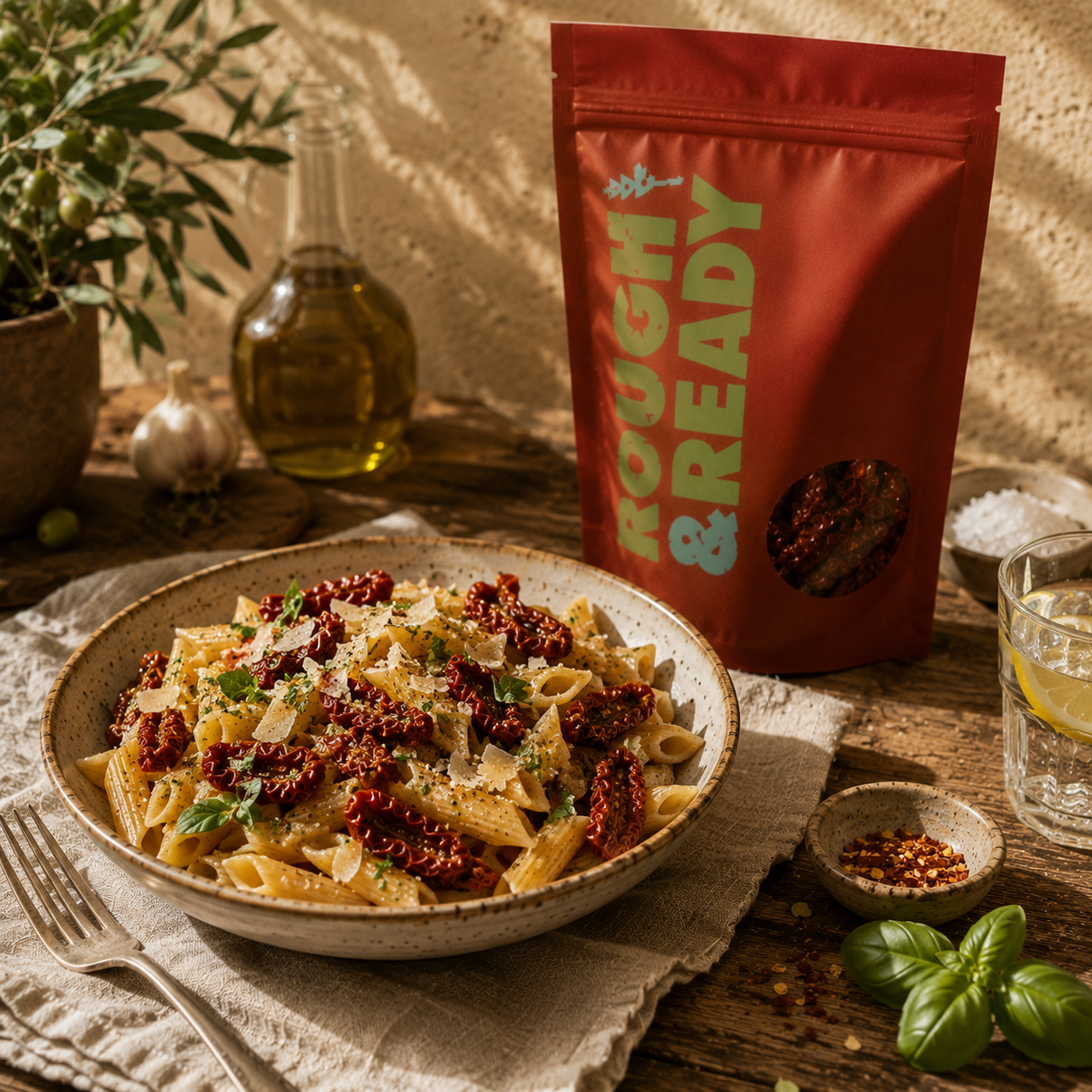 Pasta dish with sun-dried tomatoes on a wooden table next to a 'Rough & Ready' package.