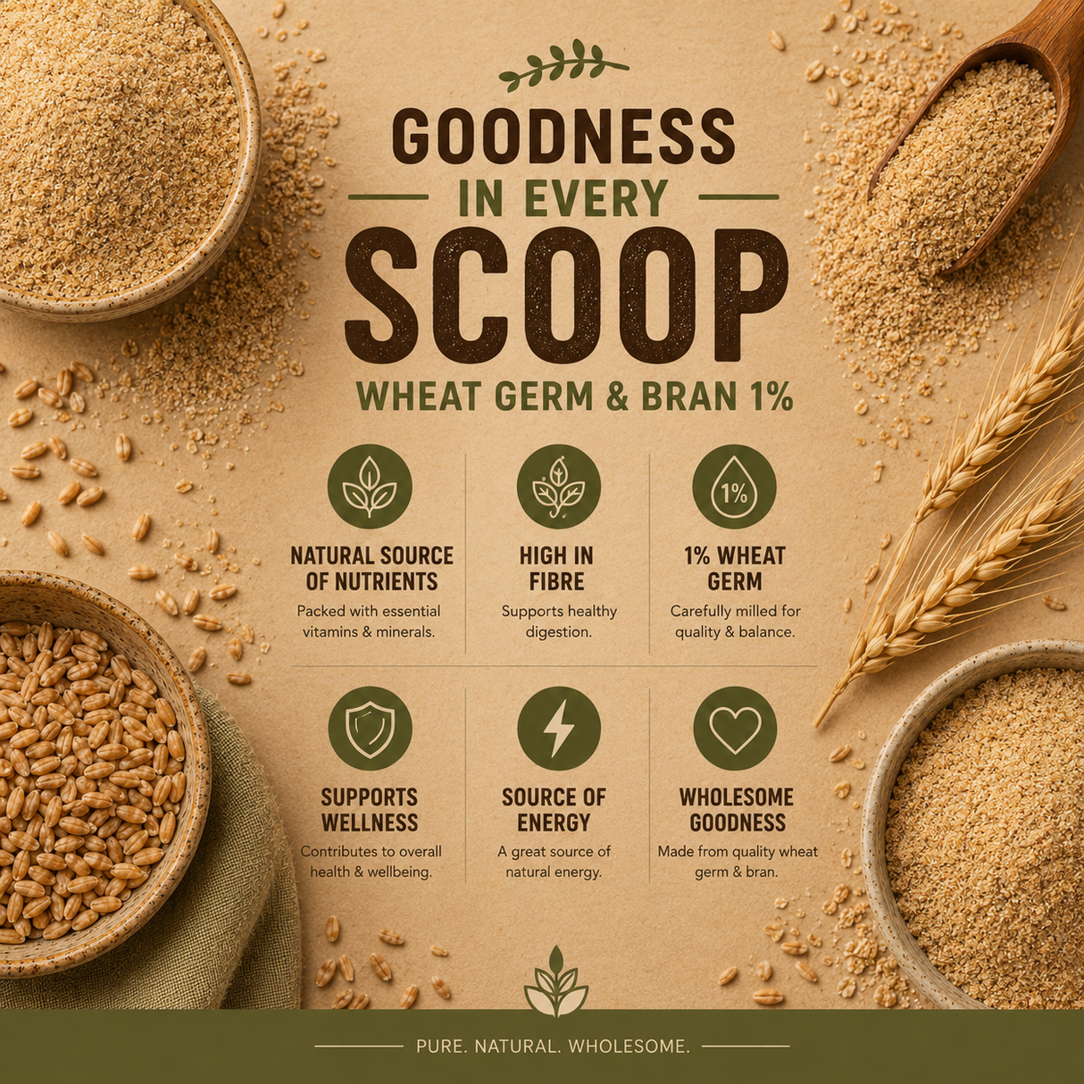 Wheat germ and bran product with health benefits on a brown background