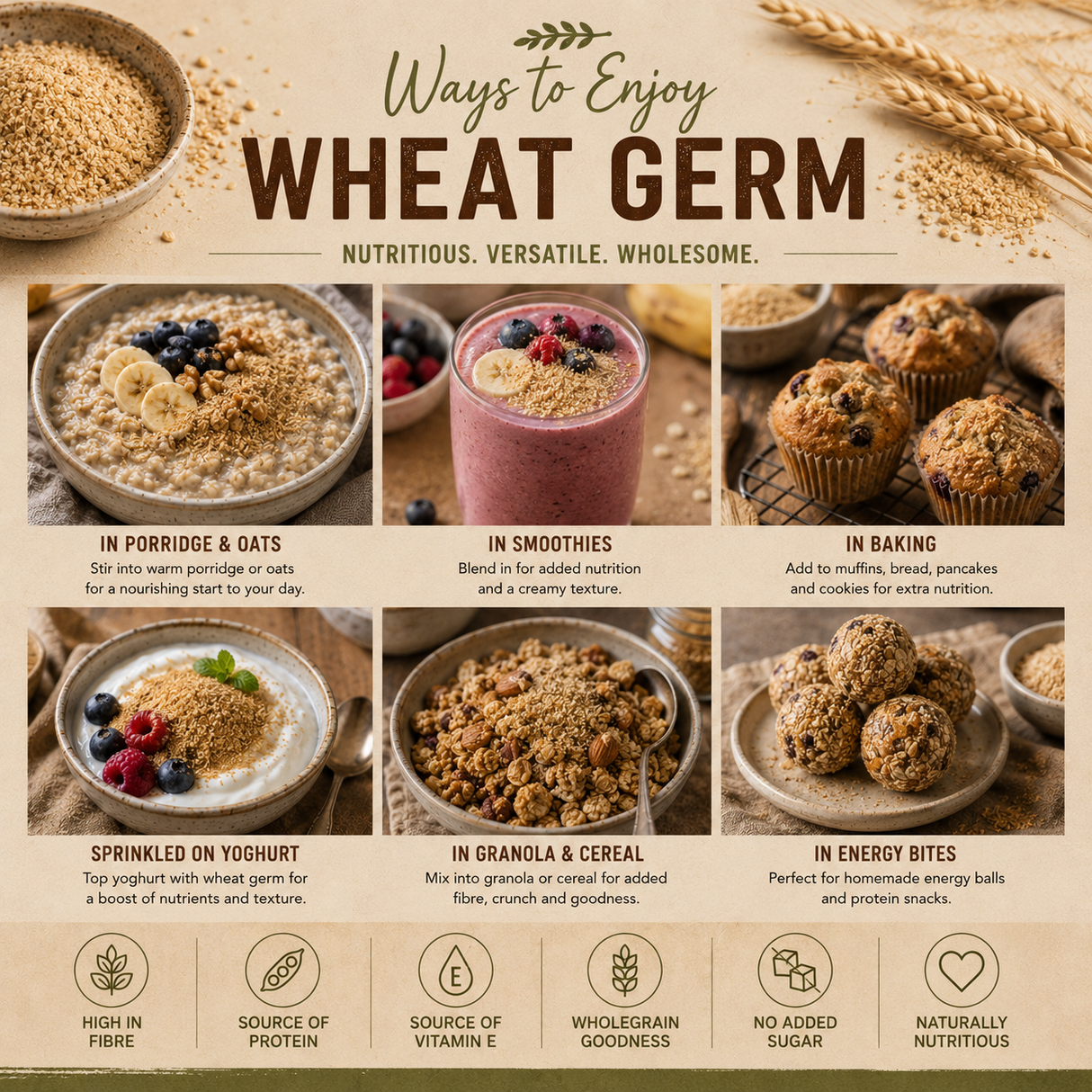 Infographic on ways to enjoy wheat germ with images and text.