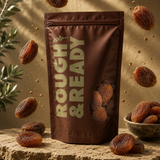Brown package labeled 'Rough & Ready' with dried fruits on a rustic surface