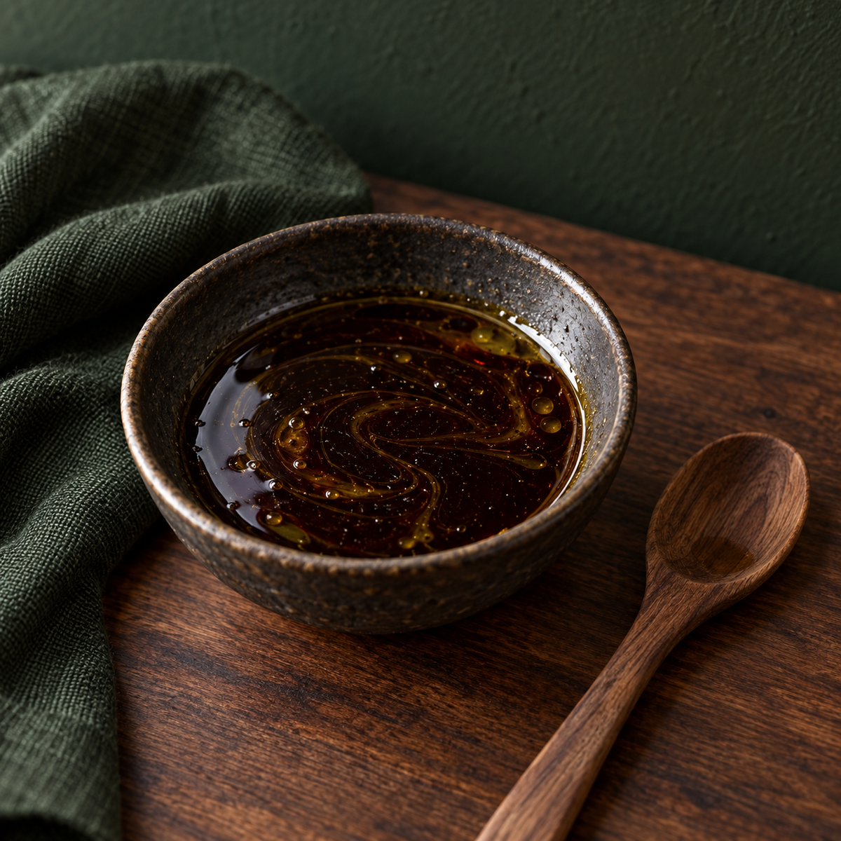 Balsamic vinegar marinade in a dark ceramic bowl