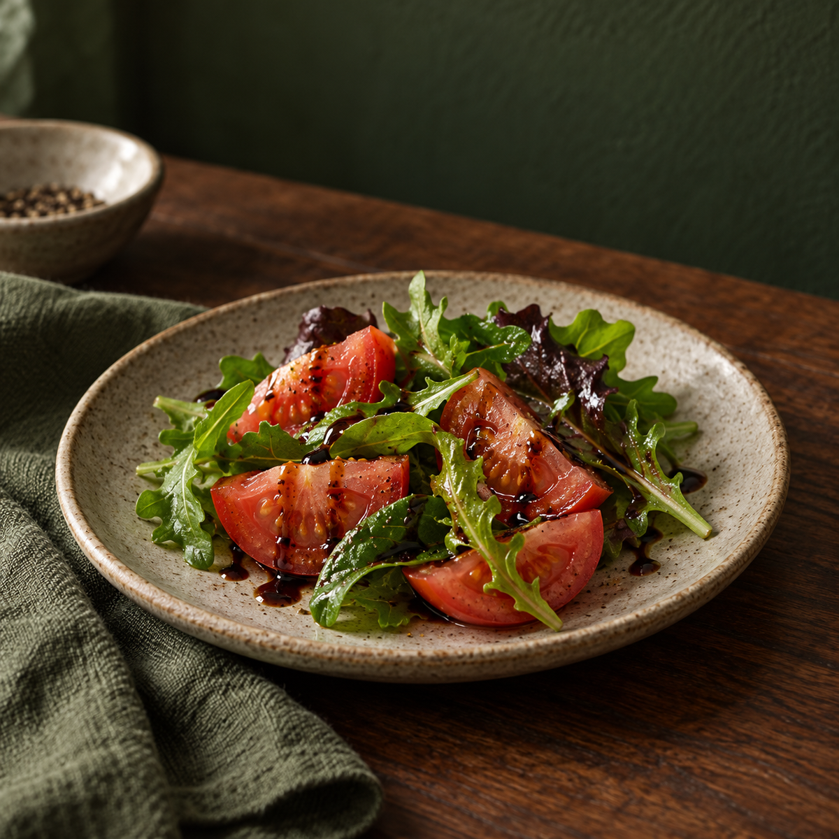 Tomato and leaf salad with balsamic vinegar