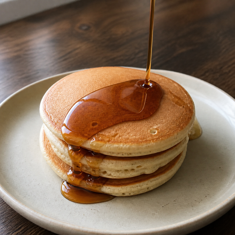 Biona organic dark agave syrup poured over pancakes