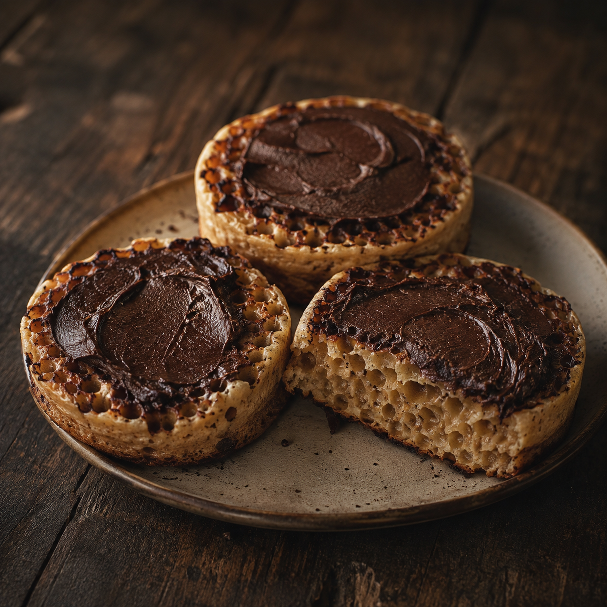 Dark cocoa spread on warm crumpets
