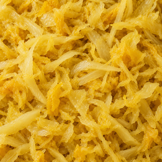 Extreme close-up of golden turmeric sauerkraut