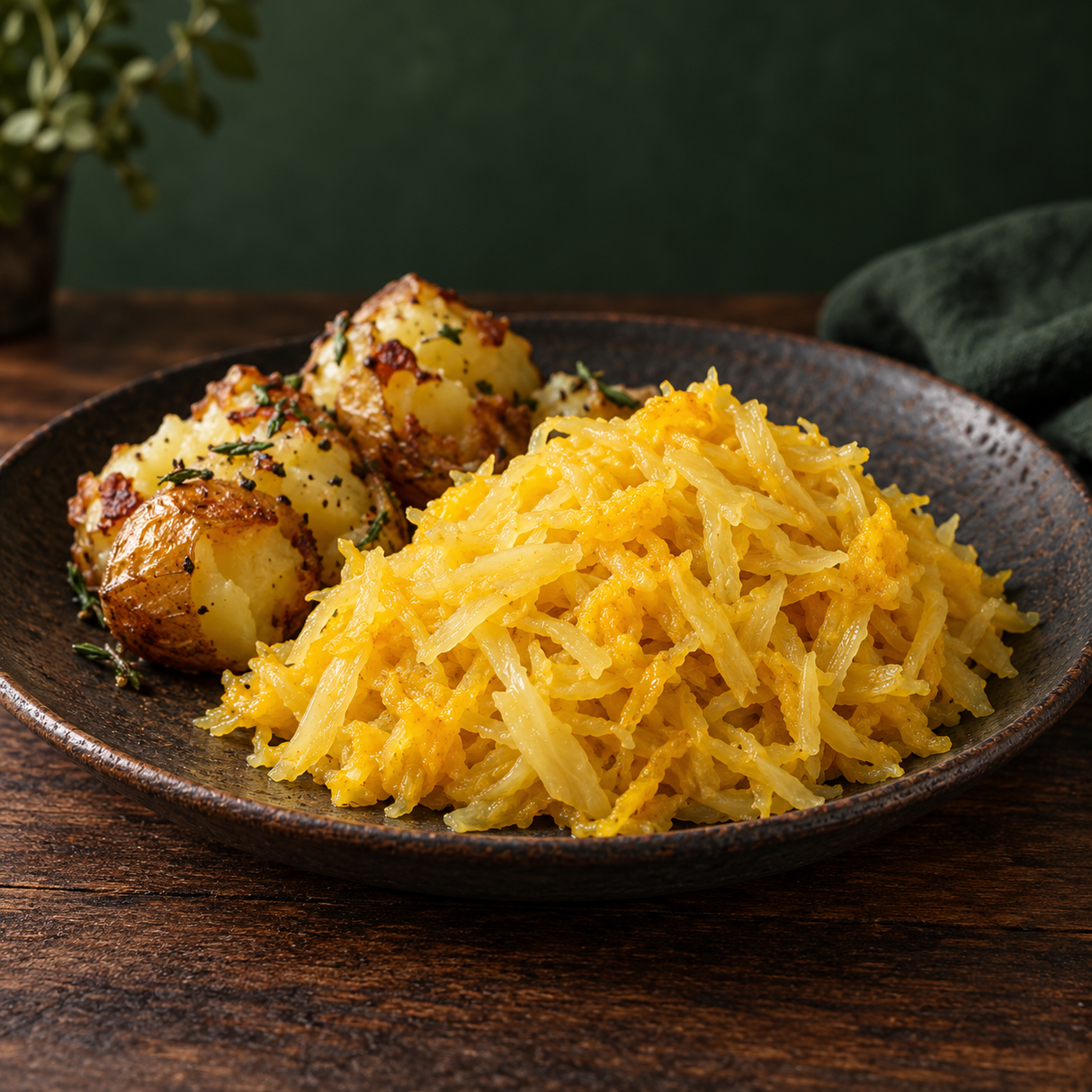 Golden turmeric sauerkraut served with roasted potatoes