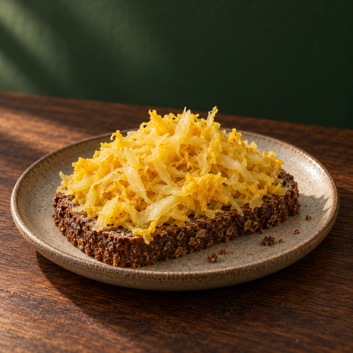 Golden turmeric sauerkraut served on dark rye toast