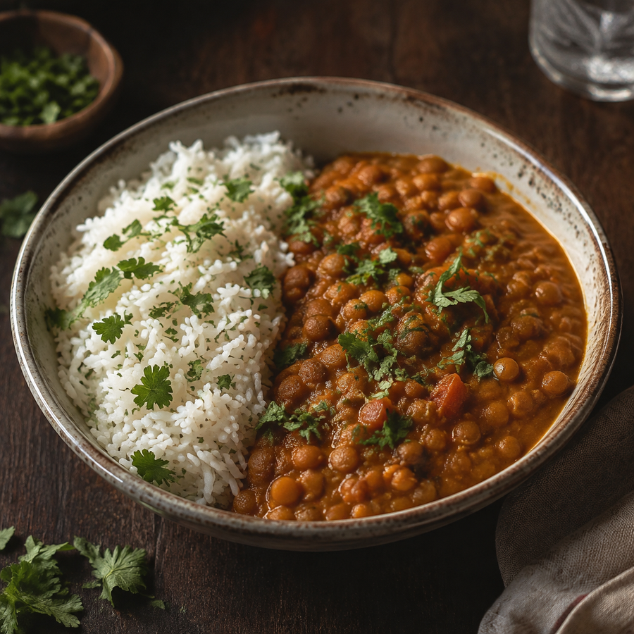 Brown lentil curry with rice