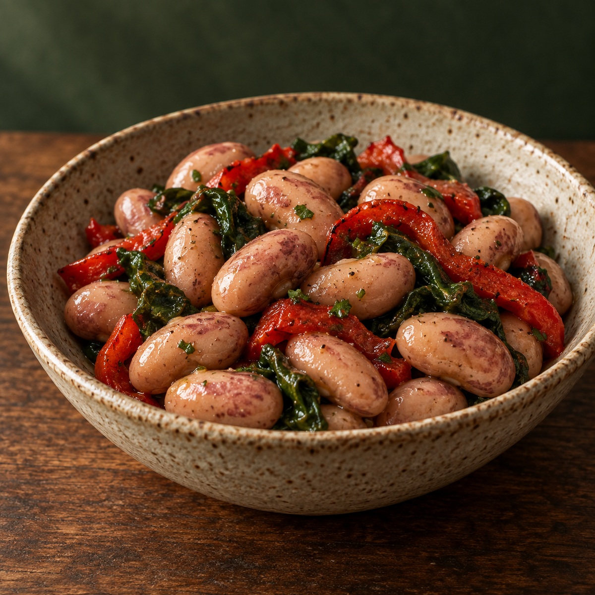 Warm salad with organic borlotti beans and roasted peppers