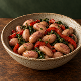 Warm salad with organic borlotti beans and roasted peppers