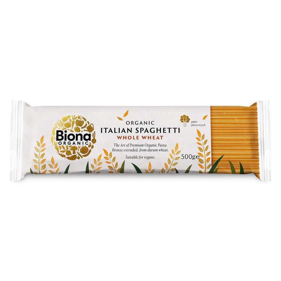 Package of Biona Organic Italian Wholegrain Spaghetti showing the pasta and the brand logo.