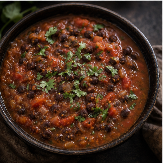 Organic black chickpea tomato stew