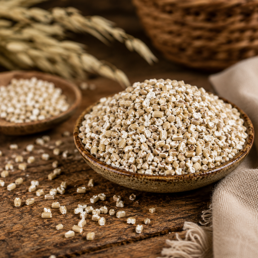 bowls of pinhead oats on a wooden surface