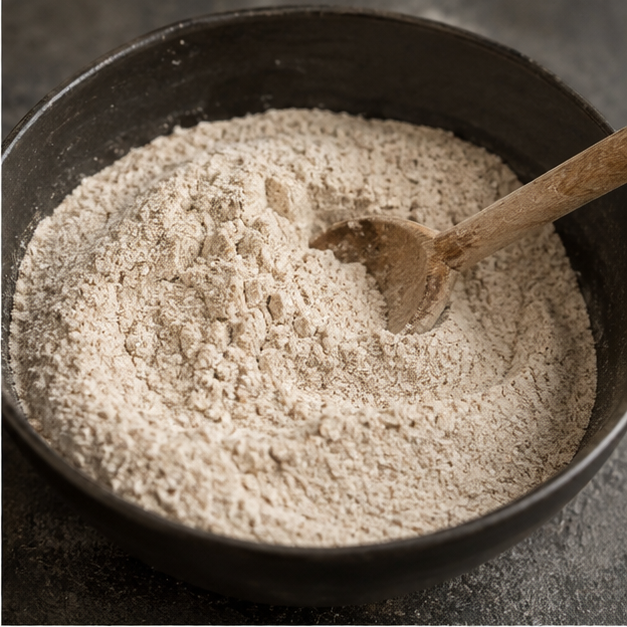 Gluten-free brown bread flour in mixing bowl