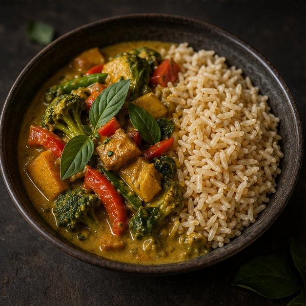 Organic brown jasmine rice with Thai curry