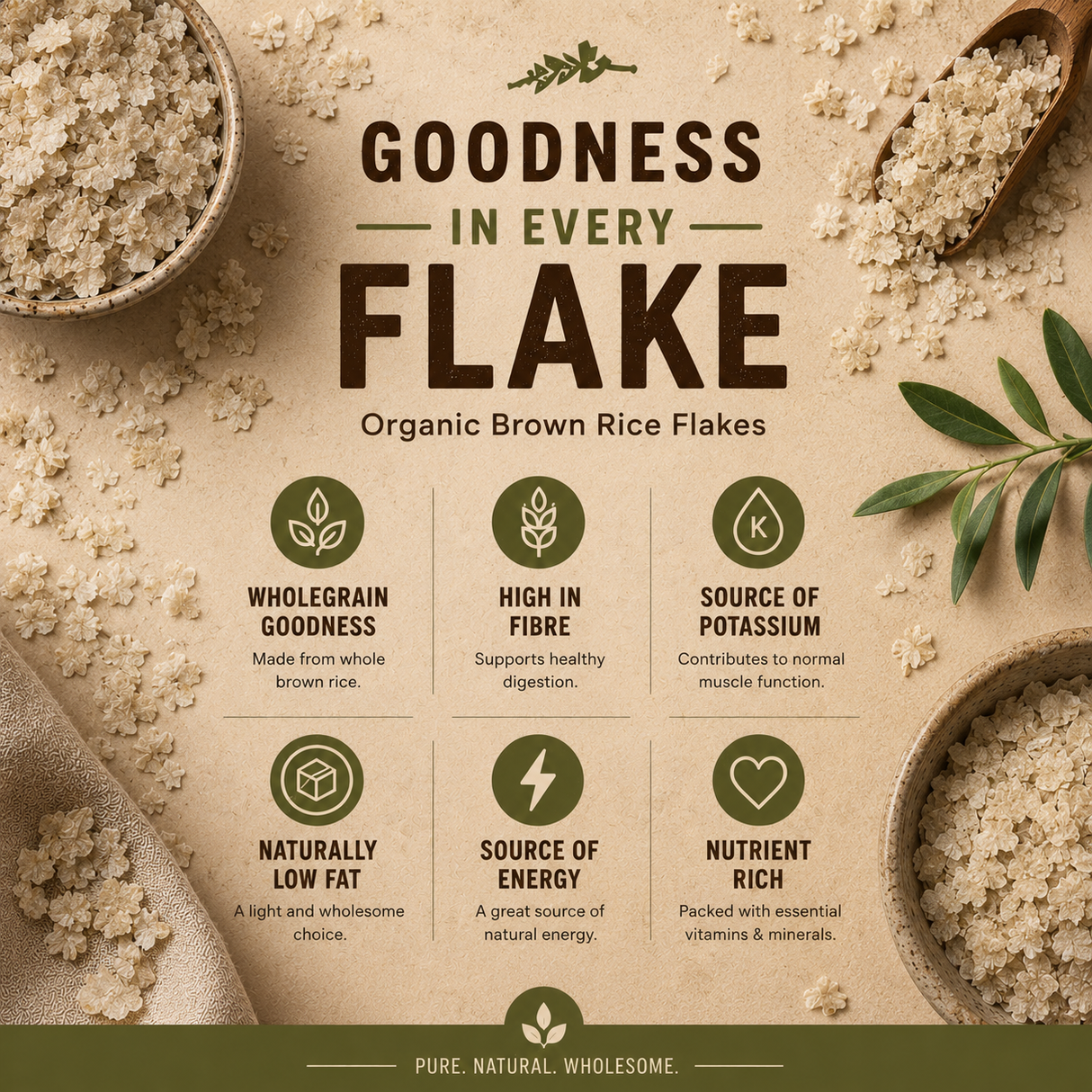 Advertisement for organic brown rice flakes with text and images of rice flakes.