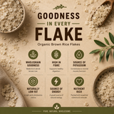 Advertisement for organic brown rice flakes with text and images of rice flakes.