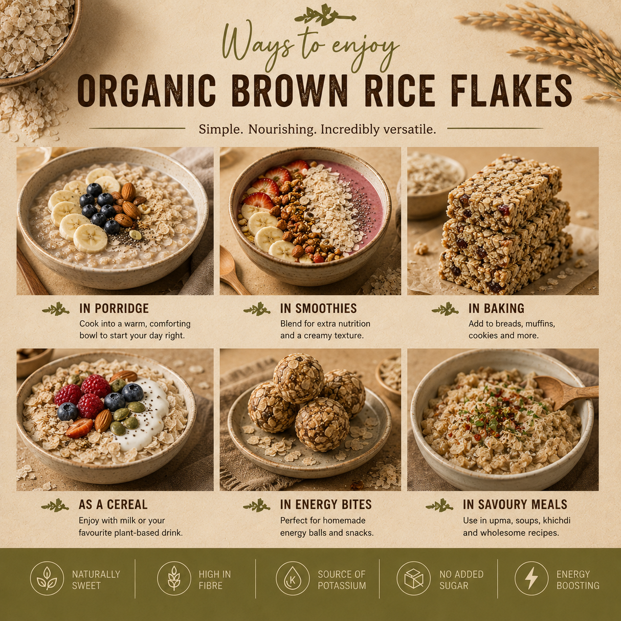 Infographic on ways to enjoy organic brown rice flakes with images and text.