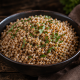 Cooked organic buckwheat groats serving