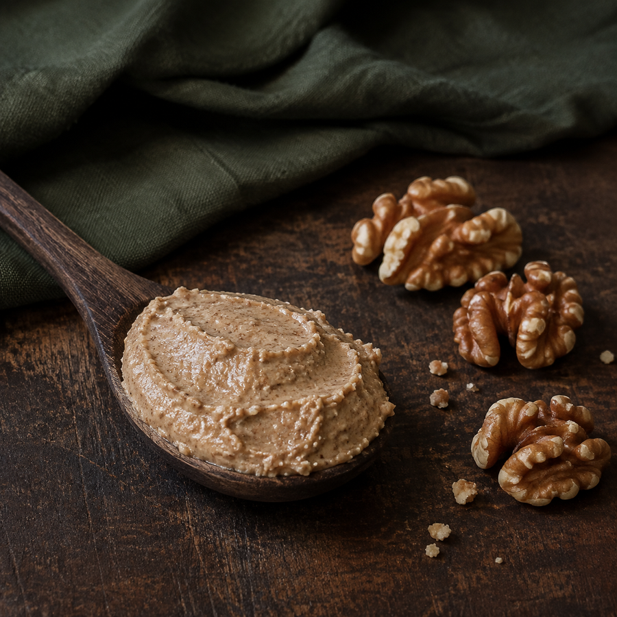 Spoonful of organic raw walnut butter with walnut halves