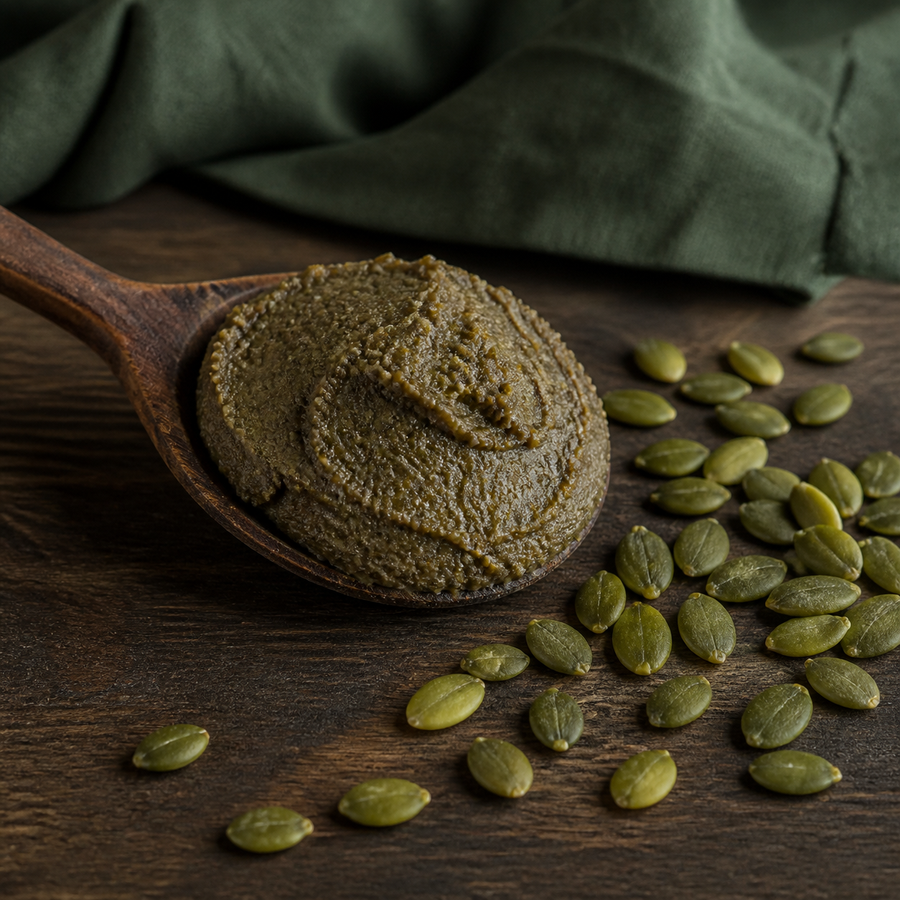 Spoonful of organic roasted pumpkin seed butter with pumpkin seeds